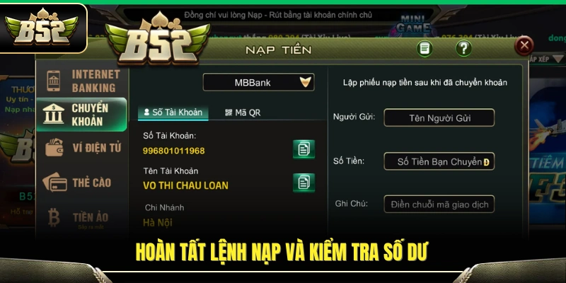 Đối chiếu thông tin nạp tiền vừa thực hiện